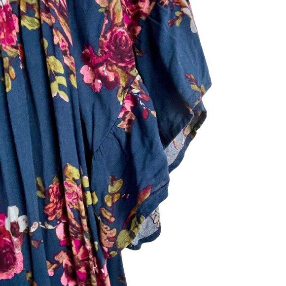 Terra & Sky Flutter Sleeve Blue Floral Blouse Sz 14W Smocked Neck Dark Romantic - Picture 9 of 15